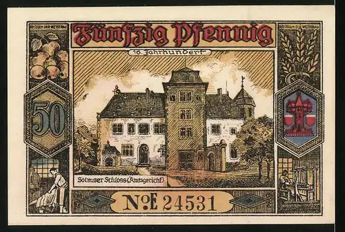 Notgeld Butzbach 1921, 50 Pfennig, Solmser Schloss (Amtsgericht)