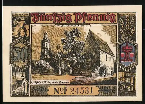Notgeld Butzbach 1921, 50 Pfennig, Markuskirche, Museum