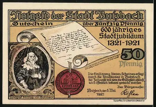 Notgeld Butzbach 1921, 50 Pfennig, Markuskirche, Museum