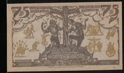 Notgeld Oberammergau 1921, 75 Pfennig, Zwei Männer an einem Baum, Ortsansicht mit Kirche
