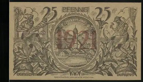 Notgeld Oberammergau 1921, 25 Pfennig, Kirchturm der Ortschaft