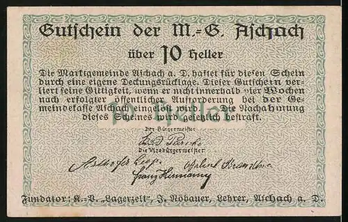 Notgeld Aschach, 10 Heller, Wappen, Füllhörner