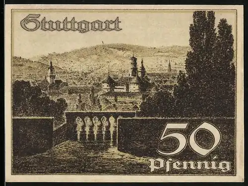 Notgeld Stuttgart 1921, 50 Pfennig, Wappen und Teilansicht der Stadt