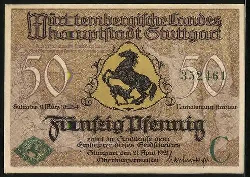 Notgeld Stuttgart 1921, 50 Pfennig, Wappen und Teilansicht der Stadt