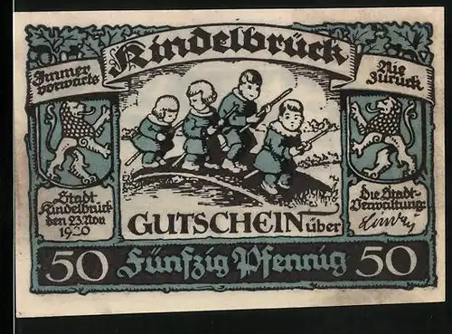 Notgeld Kindelbrück 1920, 50 Pfennig, Wappen und Kinder auf einer Brücke