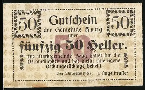 Notgeld Haag 1919, 50 Heller, Bürgermeister J. Nagelstrasser