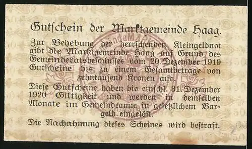 Notgeld Haag 1919, 50 Heller, Bürgermeister J. Nagelstrasser