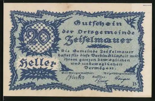 Notgeld Zeiselmauer 1920, 20 Heller