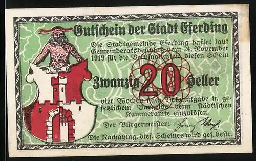 Notgeld Eferding 1919, 20 Heller, Wappen, Ortsansicht mit Kirche