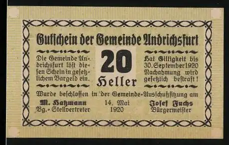 Notgeld Andrichsfurt 1920, 20 Heller, Bürgermeister Josef Fuchs