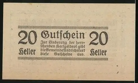 Notgeld Andrichsfurt 1920, 20 Heller, Bürgermeister Josef Fuchs