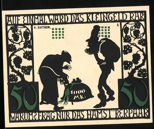 Notgeld Kitzingen a. M. 1921, 50 Pfennig, Paar klaut das Geld, Ortsansicht
