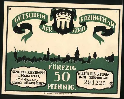 Notgeld Kitzingen a. M. 1921, 50 Pfennig, Paar klaut das Geld, Ortsansicht