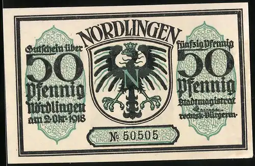 Notgeld Nördlingen 1918, 50 Pfennig, Wappen mit Adler, Stadttor