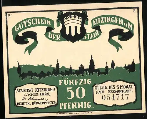 Notgeld Kitzingen a. M. 1921, 50 Pfennig, Ortsansicht, Frau sucht in leerer Tasche nach Geld