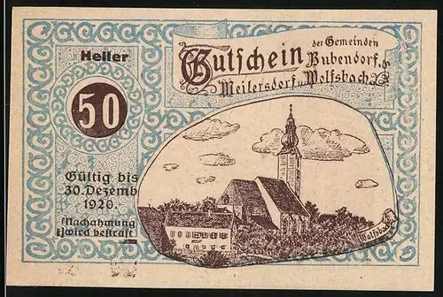 Notgeld Bubendorf 1920, 50 Heller, Blick auf die Kirche, Ritter in Rüstung