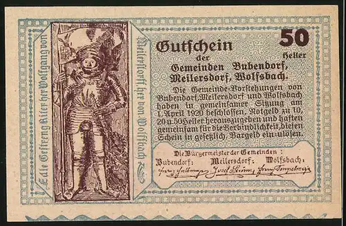 Notgeld Bubendorf 1920, 50 Heller, Blick auf die Kirche, Ritter in Rüstung