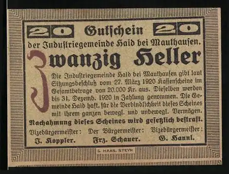 Notgeld Haid bei Mauthausen 1920, 20 Heller, Ortspartie mit Wohnhaus