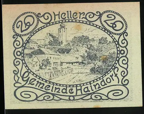 Notgeld Haindorf 1920, 20 Heller, Strassenpartie in den Ort hinein