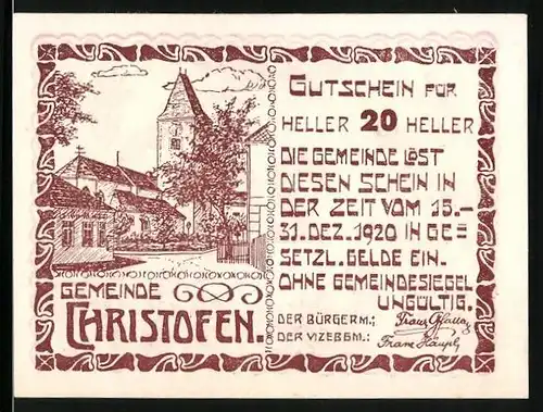 Notgeld Christofen 1920, 20 Heller, Strassenpartie mit Kirche