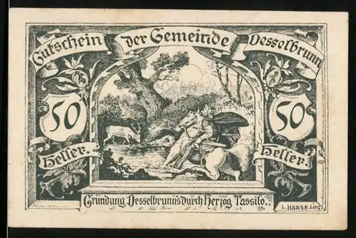 Notgeld Desselbrunn 1920, 50 Heller, Gründung durch Herzog Tassilo