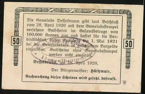 Notgeld Desselbrunn 1920, 50 Heller, Gründung durch Herzog Tassilo