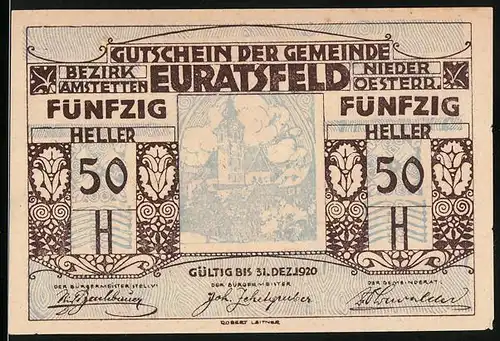 Notgeld Euratsfeld 1920, 50 Heller, Ansicht der Kirche