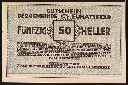 Notgeld Euratsfeld 1920, 50 Heller, Ansicht der Kirche