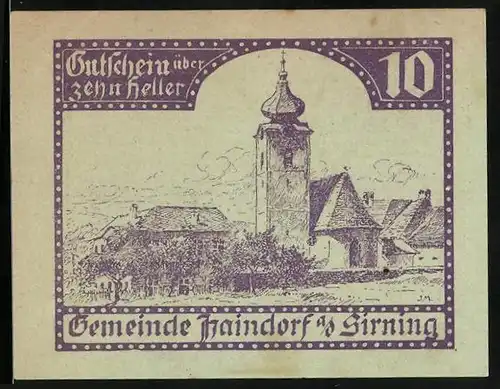 Notgeld Haindorf a. d. S. 1920, 10 Heller, Ortspartie mit Kirche