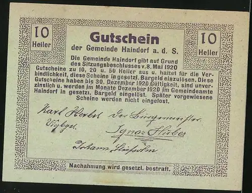 Notgeld Haindorf a. d. S. 1920, 10 Heller, Ortspartie mit Kirche