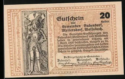 Notgeld Bubendorf 1920, 20 Heller, Ritter mit Fahne in Rüstung, Blick auf die Kirche