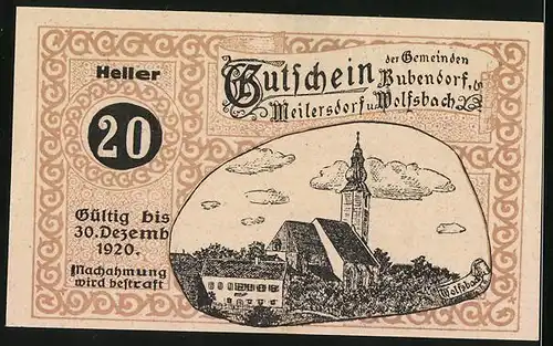 Notgeld Bubendorf 1920, 20 Heller, Ritter mit Fahne in Rüstung, Blick auf die Kirche