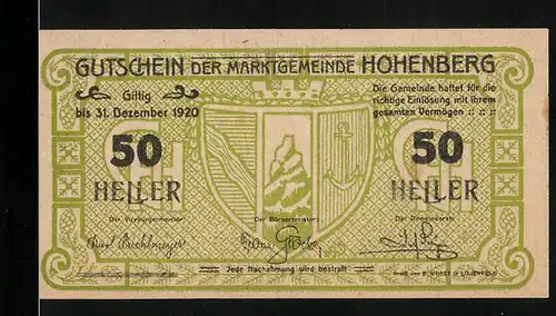 Notgeld Hohenberg 1920, 50 Heller, Wappen mit Anker und Krone