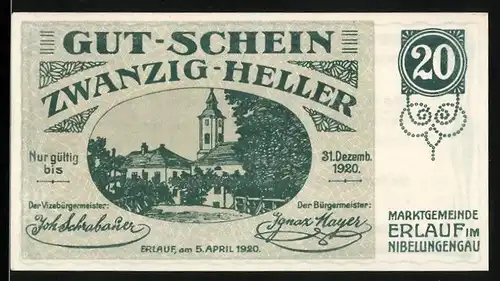 Notgeld Erlauf 1920, 20 Heller, Ortspartie mit Blick zur Kirche