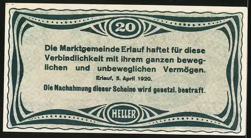 Notgeld Erlauf 1920, 20 Heller, Ortspartie mit Blick zur Kirche