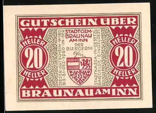 Notgeld Braunau am Inn 1920, 20 Heller, Wappen, Ortspartie mit Brücke