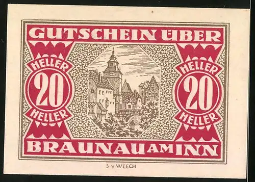 Notgeld Braunau am Inn 1920, 20 Heller, Wappen, Ortspartie mit Brücke