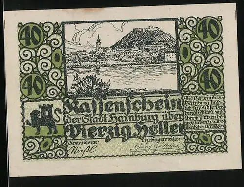 Notgeld Hainburg 1920, 40 Heller, Ortsansicht mit Burg