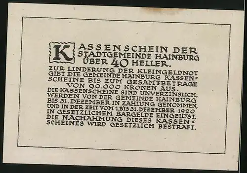 Notgeld Hainburg 1920, 40 Heller, Ortsansicht mit Burg