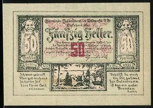 Notgeld Gutenbrunn 1921, 50 Heller, Wasserspeiher, Ortsansicht