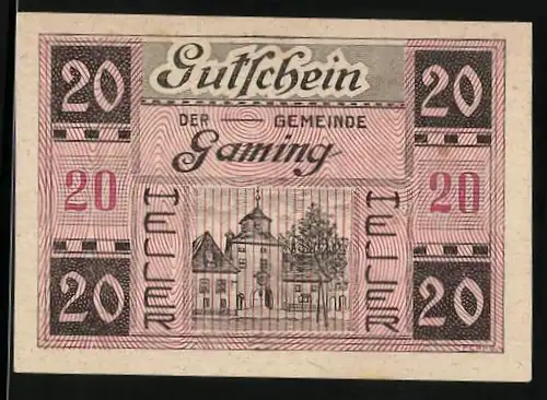 Notgeld Gaming 1920, 20 Heller, Ortspartie mit Torbogen