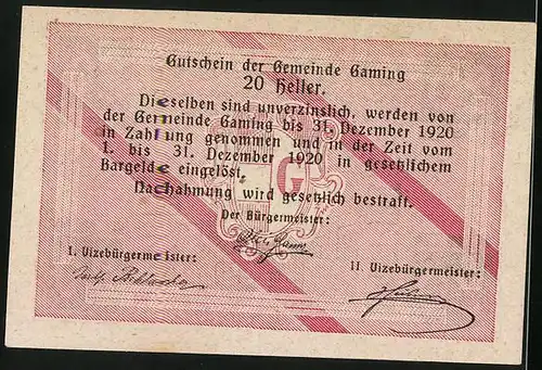 Notgeld Gaming 1920, 20 Heller, Ortspartie mit Torbogen