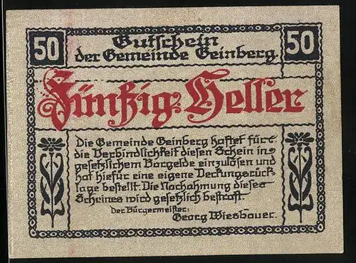 Notgeld Geinberg 1920, 50 Heller, Schloss Neuhaus