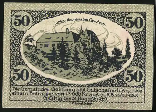 Notgeld Geinberg 1920, 50 Heller, Schloss Neuhaus