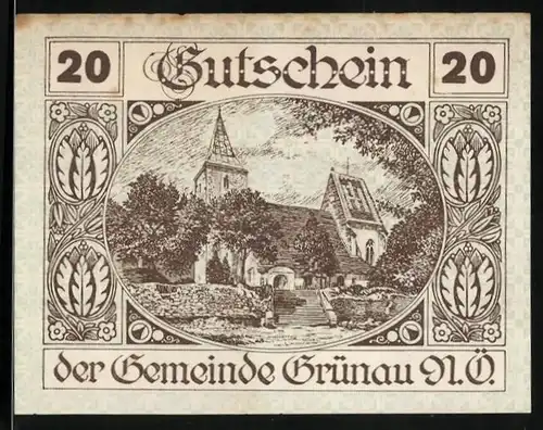 Notgeld Grünau / Almtal 1920, 20 Heller, Blick auf die Kirche