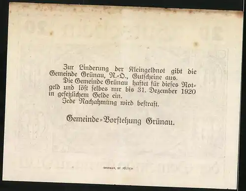 Notgeld Grünau / Almtal 1920, 20 Heller, Blick auf die Kirche