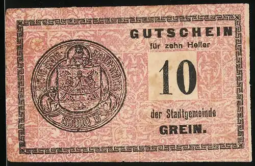 Notgeld Grein 1920, 10 Heller, Rundes Wappen mit Kanufahrern