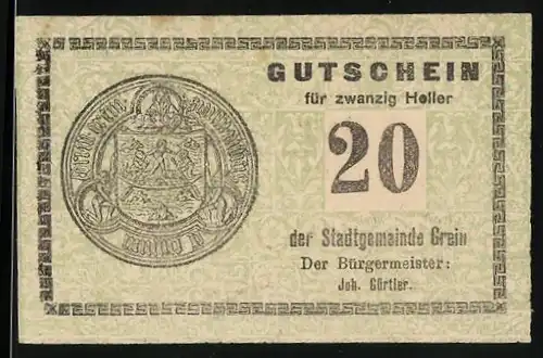 Notgeld Grein 1920, 20 Heller, Rundes Wappen, Bürgermeister Joh. Gürtler