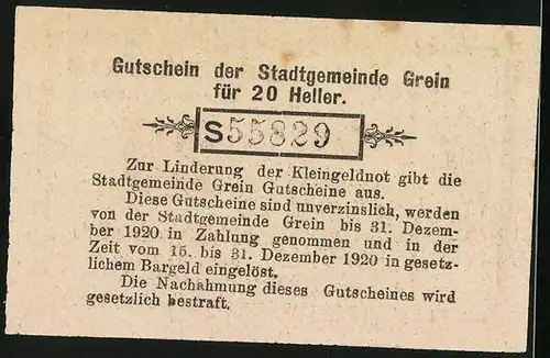 Notgeld Grein 1920, 20 Heller, Rundes Wappen, Bürgermeister Joh. Gürtler