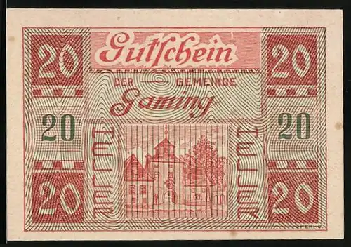 Notgeld Gaming 1920, 20 Heller, Ortspartie mit Torbogen